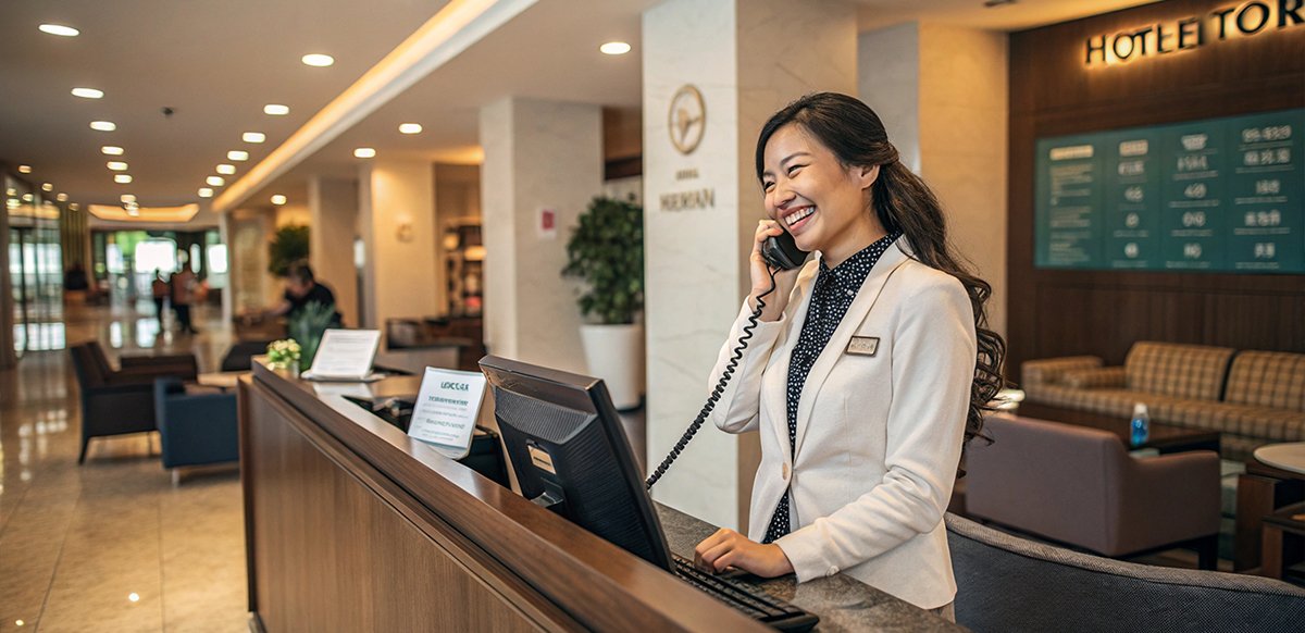 Đội ngũ lễ tân tiền sảnh chuyên nghiệp thực hiện quy trình check-in cho khách hàng